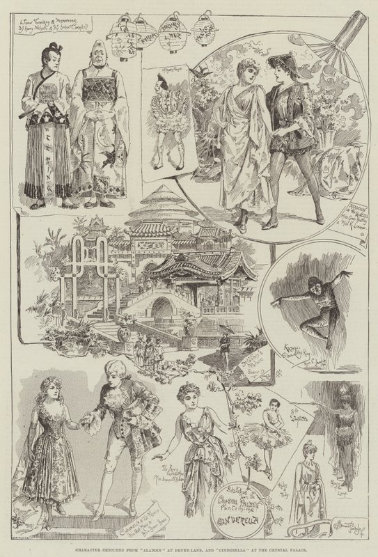 Bocetos de personajes de Aladino en Drury-Lane y Cenicienta en el Palacio de Cristal de Bernard Partridge