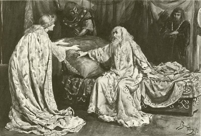 La señorita Ellen Terry como Cordelia, el señor Henry Irving como el Rey Lear de Bernard Partridge