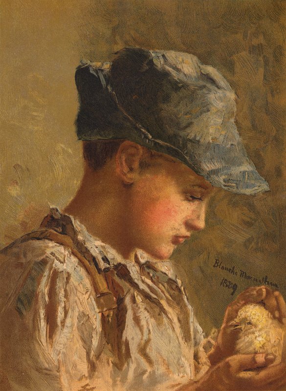 Niño con un pájaro (chromolitho) de Blanche F. MacArthur