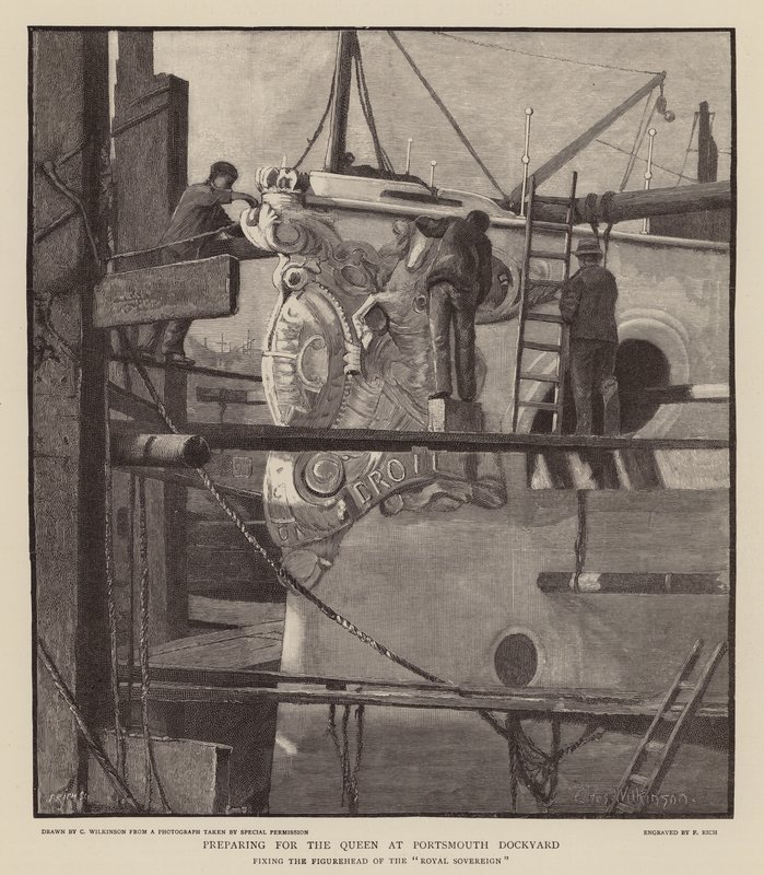 Preparación de la reina Victoria en el astillero de Portsmouth (grabado) de C.A. Wilkinson