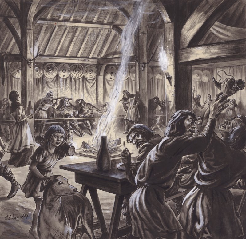 Un festín en un salón anglosajón (gouache sobre papel) de C.L. Doughty