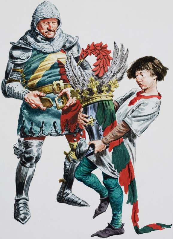 Un caballero se pone la armadura (gouache sobre papel) de C.L. Doughty