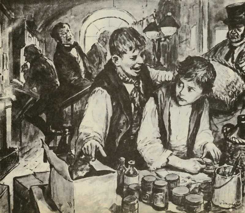 Charles Dickens de niño en la fábrica de tizón (litografía) de C.L. Doughty
