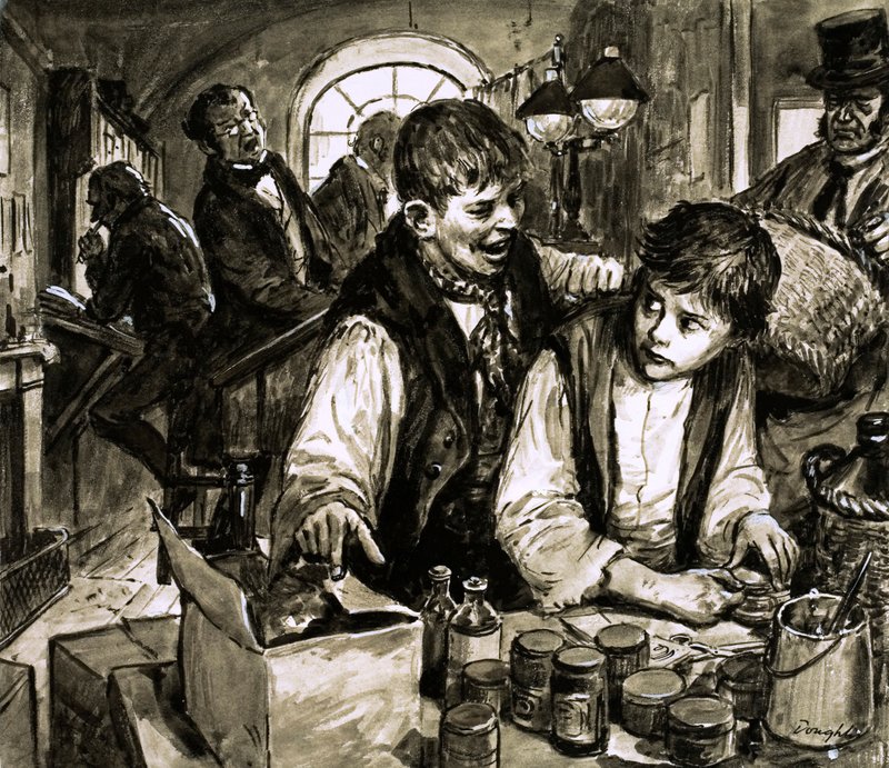 Charles Dickens en la fábrica de tizón (gouache sobre papel) de C.L. Doughty