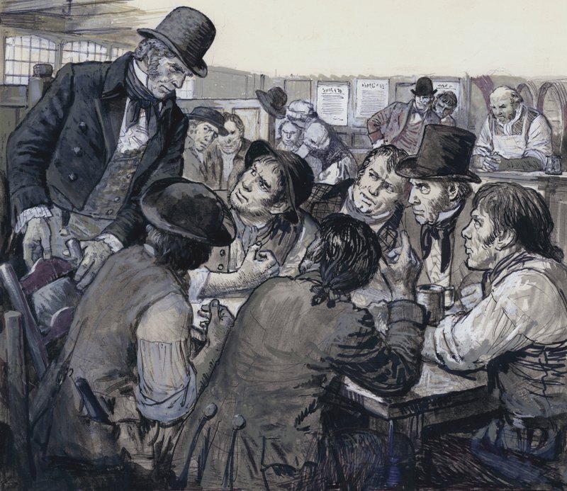 El coronel Despard recluta descontentos políticos en los bajos fondos londinenses (gouache sobre papel) de C.L. Doughty
