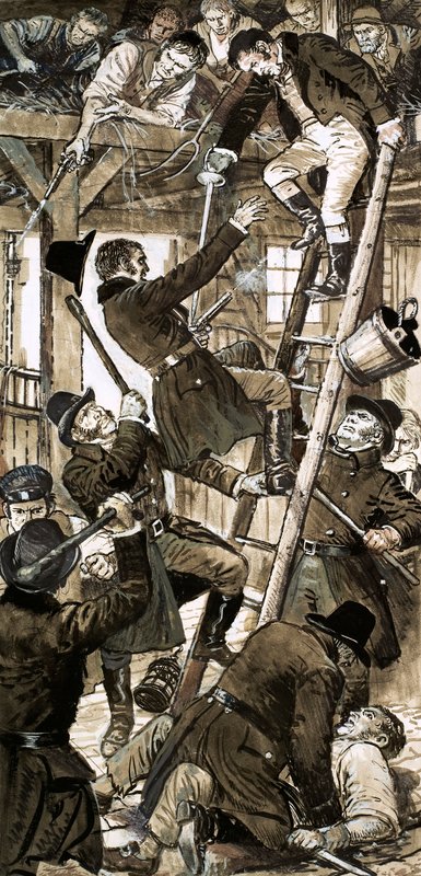 Encuentro entre los oficiales de Bow Street y los conspiradores de Cato Street el 23 de febrero de 1820 (gouache sobre papel) de C.L. Doughty