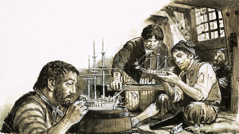 Prisioneros de guerra franceses de las guerras napoleónicas fabricando maquetas de barcos de C.L. Doughty