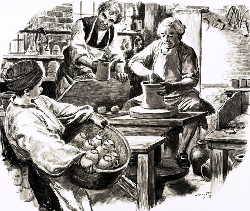 Josiah Wedgwood fue aprendiz en el negocio familiar de alfarería (gouache sobre papel) de C.L. Doughty
