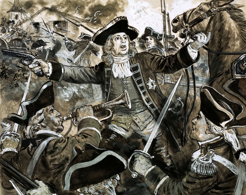 El rey Jorge II en el campo de batalla de Dettingen (gouache sobre papel) de C.L. Doughty