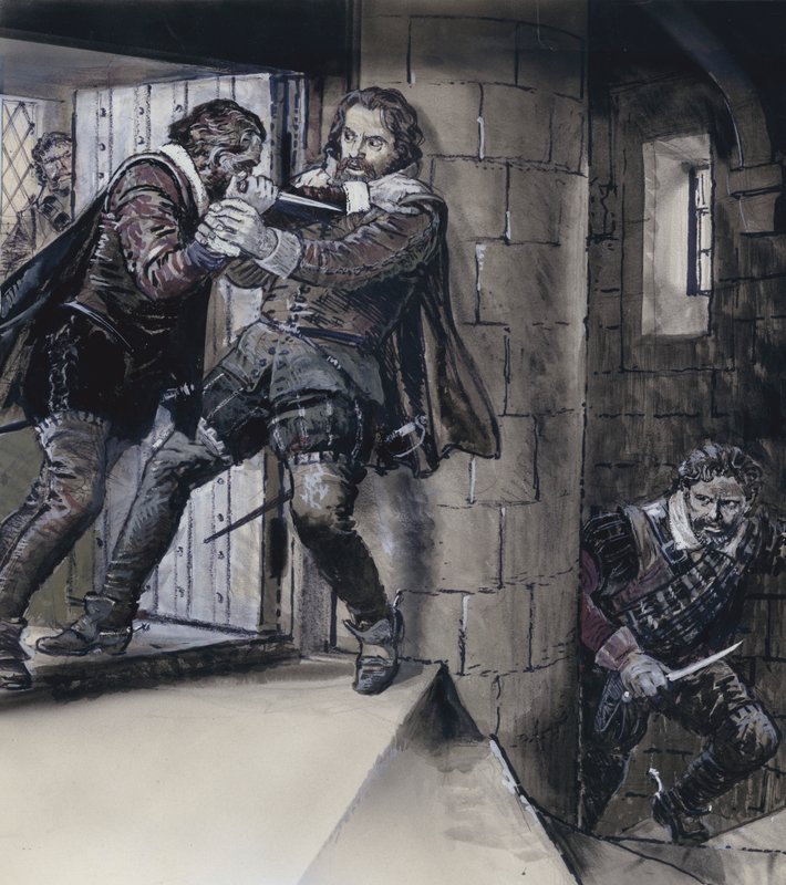 Lord Gowrie dibujando una daga sobre el rey Jacobo VI de Escocia (gouache sobre papel) de C.L. Doughty