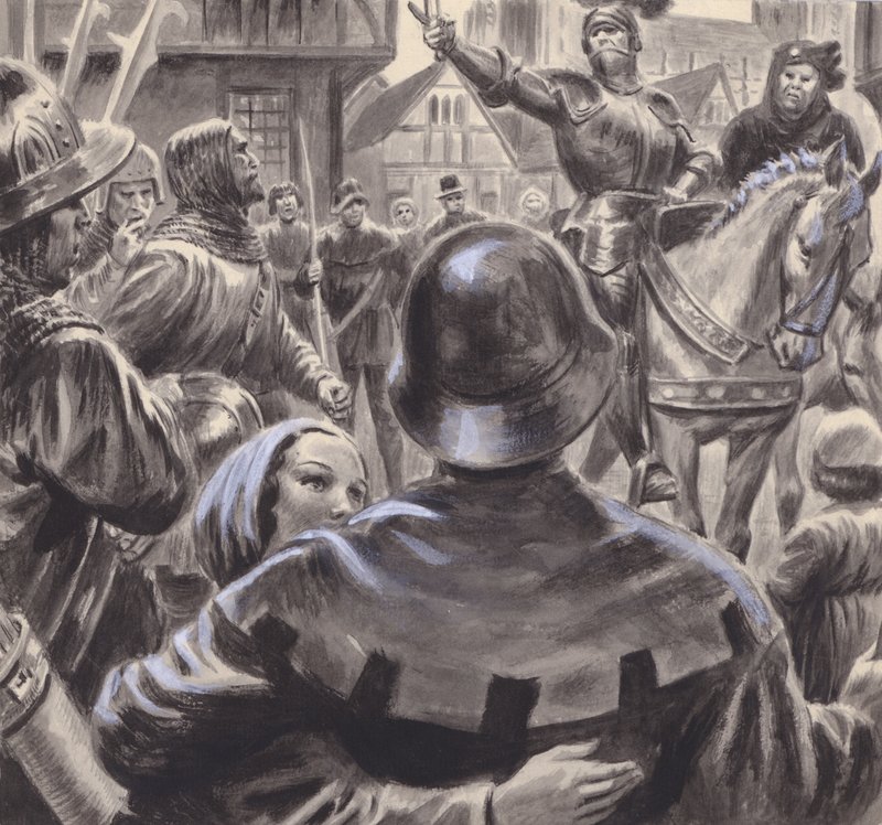 Nobles enfrentados reclutan ejércitos entre los ex militares en paro que afluyen a Inglaterra tras el fin de la Guerra de los Cien Años en 1453 (gouache sobre papel) de C.L. Doughty