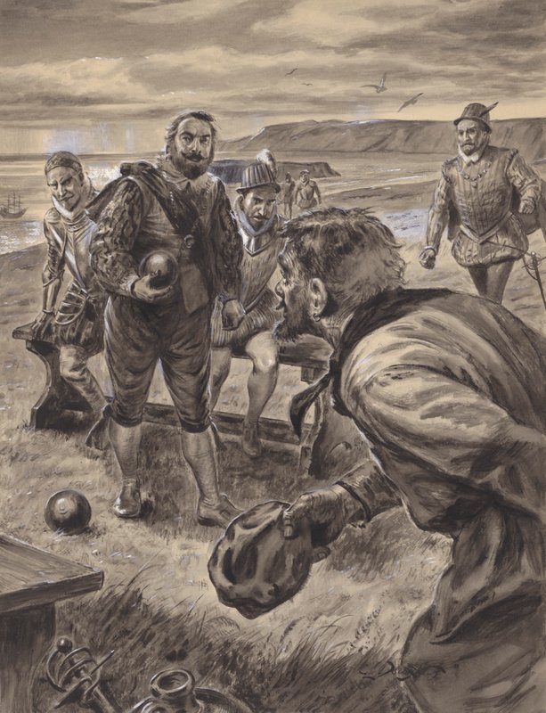 Sir Francis Drake jugando a los bolos, recibiendo noticias de la Armada española (gouache sobre papel) de C.L. Doughty