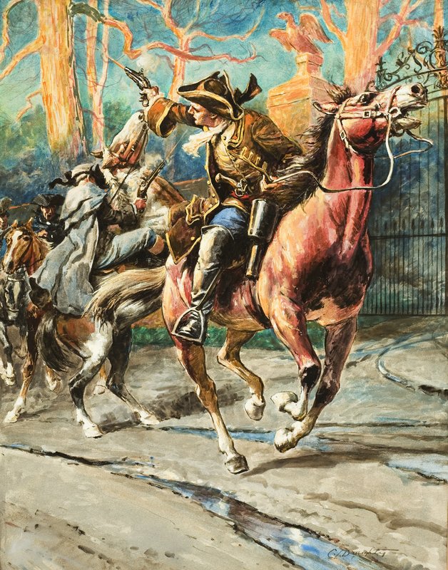 The Exploits of a Highwayman (gouache sobre papel) Después de cada uno de sus atracos, William Page parecía capaz de espabilarse, hasta la siguiente de sus atrevidas escapadas; su racha de éxitos se detuvo en un intento de robo en la Great North Road; de C.L. Doughty