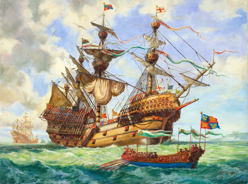 El Gran Harry, buque insignia de la flota del rey Enrique, luciendo muchos de sus 251 cañones (gouache sobre papel) de C.L. Doughty