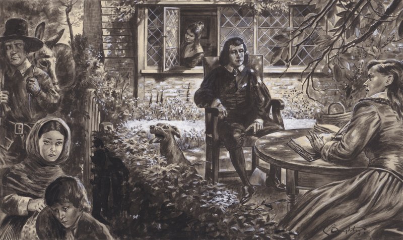 El poeta John Milton en su jardín, con sus hijas (gouache sobre papel) de C.L. Doughty