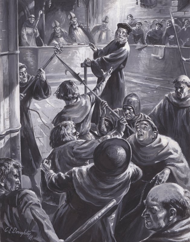 El juicio de John Wyclif, en el que una multitud intentó rescatarlo (gouache sobre papel) de C.L. Doughty