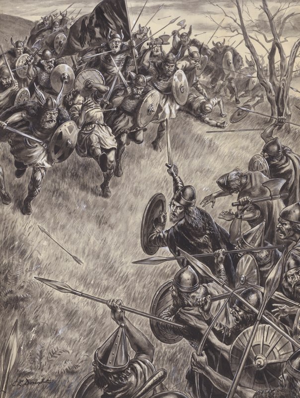 Escena de batalla no identificada (gouache sobre papel) de C.L. Doughty