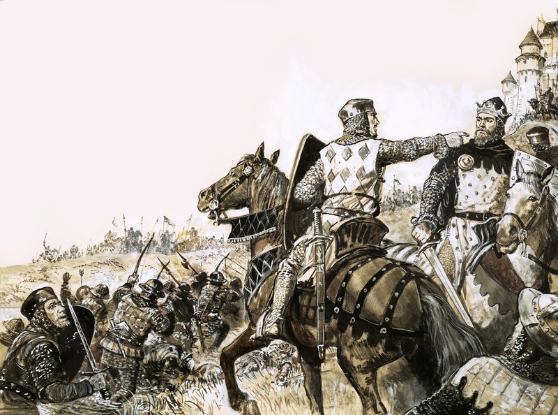 Escena de batalla no identificada con soldado apuntando al Rey de C.L. Doughty