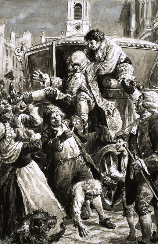 Escena no identificada (¿siglo XVII/XVIII) de un hombre al que bajan de un carruaje de C.L. Doughty