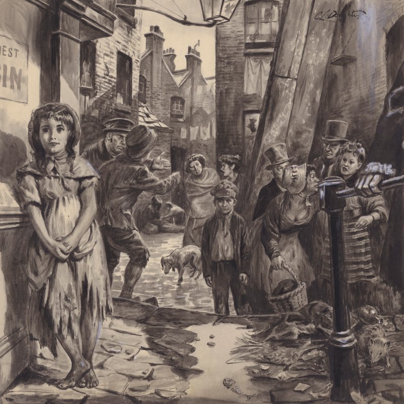 Victorian slum scene (gouache sobre papel) de C.L. Doughty