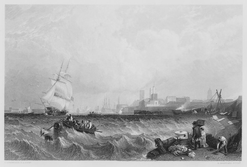 Puerto de Portsmouth, del cuadro en la Colección Real (grabado) de C. (after) Stanfield
