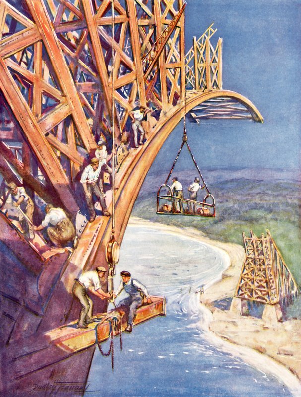 Cómo el constructor de puentes realiza sus conquistas (litografía en color) de C. Dudley Tennant