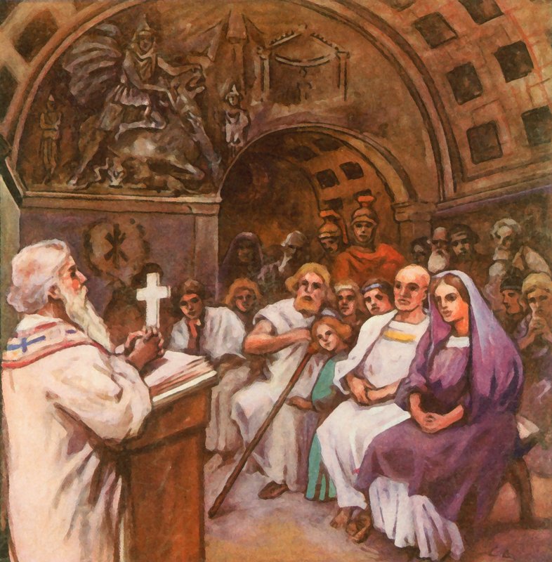 Culto cristiano primitivo en un templo de Mitra (litografía en color realzada) de Carl Arriens