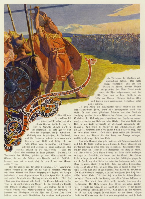 Odín lanzando su lanza para iniciar la Guerra Aesir-Vanir (litografía en color) de Carl Emil Doepler