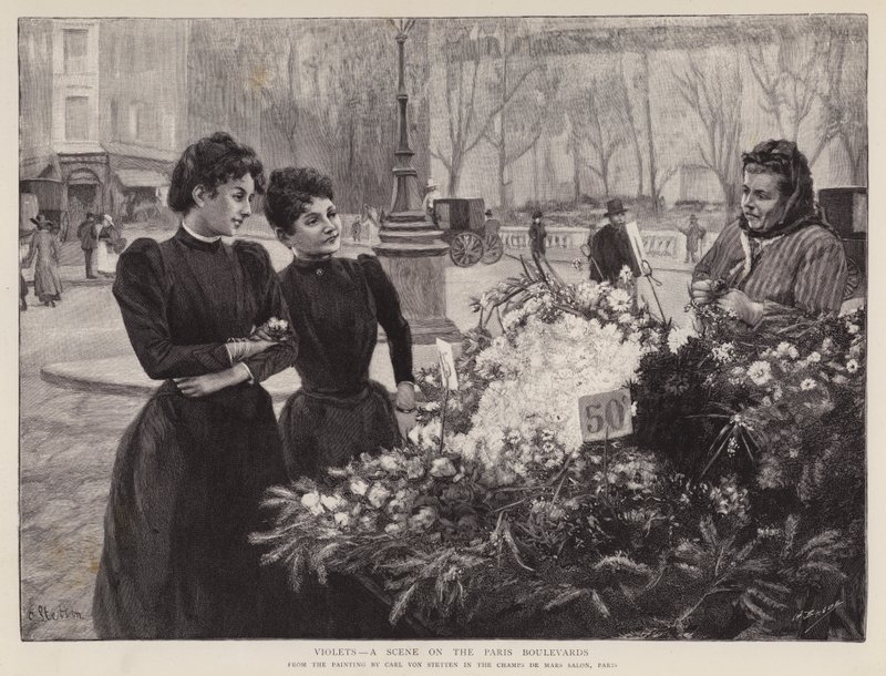 Violetas - una escena en los bulevares de París, pintura en el salón Champs de Mars, París de Carl Ernest von Stetten