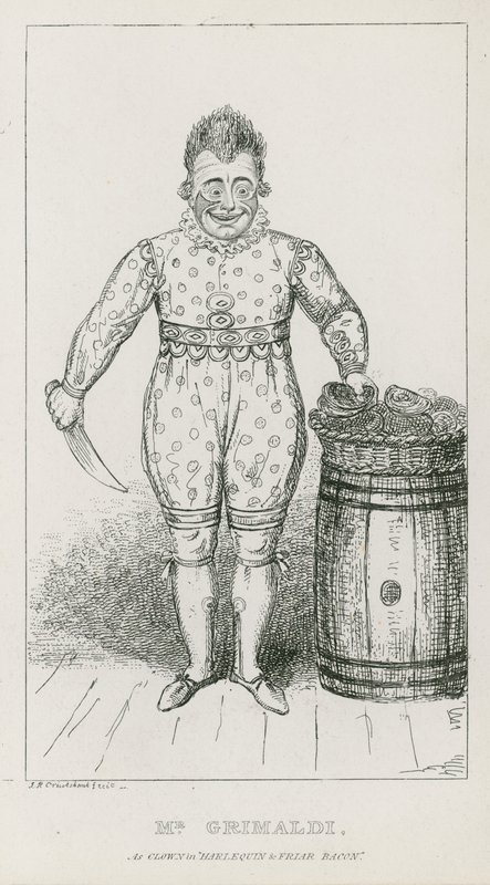 Sr. Joseph Grimaldi como payaso en Arlequín y Fraile Bacon de Carl Georg Adolph Hasenpflug