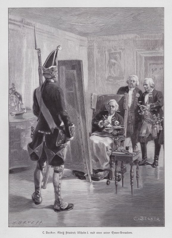 El rey Federico Guillermo I de Prusia pintando a un granadero de su Guardia Gigante de Potsdam (grabado) de Carl Ludwig Friedrich (after) Becker