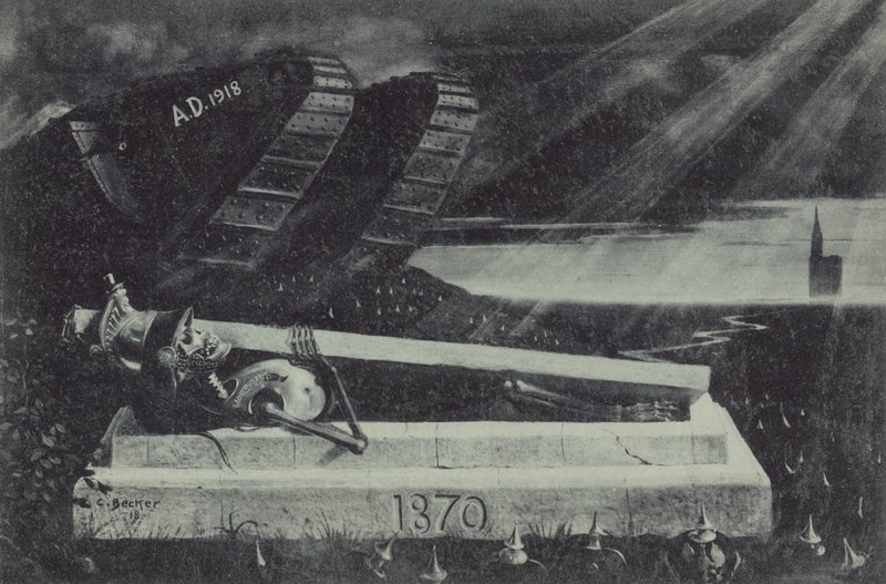 Un tanque aliado victorioso de la Primera Guerra Mundial pasa junto a la tumba de un soldado de caballería francés de la Guerra Franco-Prusiana. (litografía) de Carl Ludwig Friedrich Becker