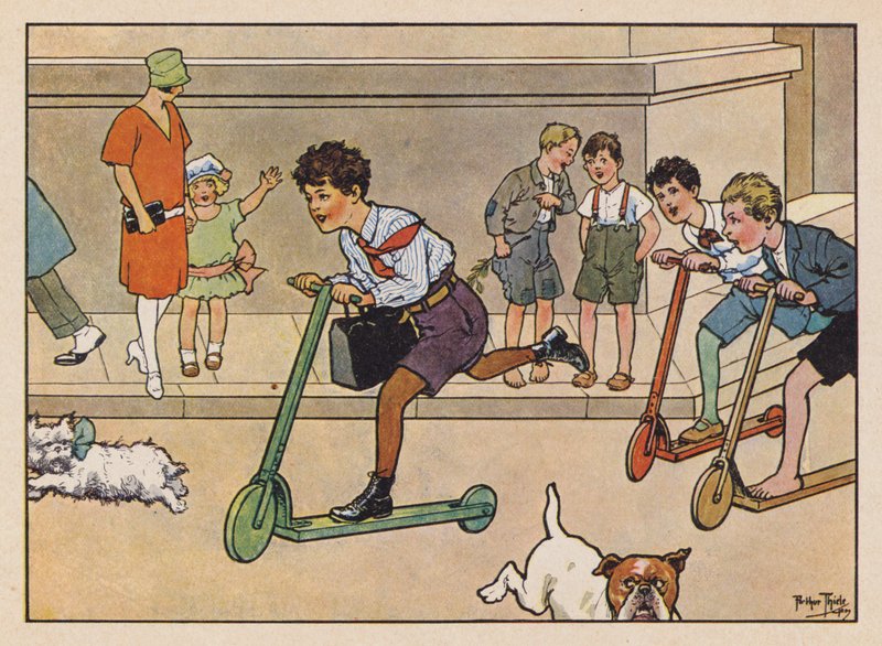 Niños corriendo en patinete (litografía en color) de Carl Robert Arthur Thiele