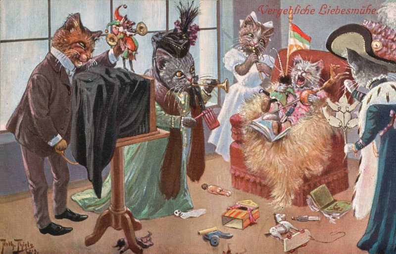 Postal humorística de gatos (litografía en color) de Carl Robert Arthur Thiele