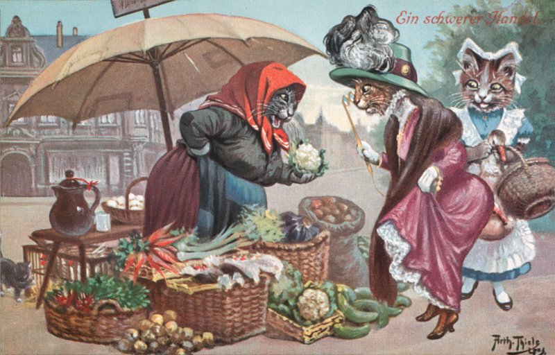 Postal humorística de gatos (litografía en color) de Carl Robert Arthur Thiele