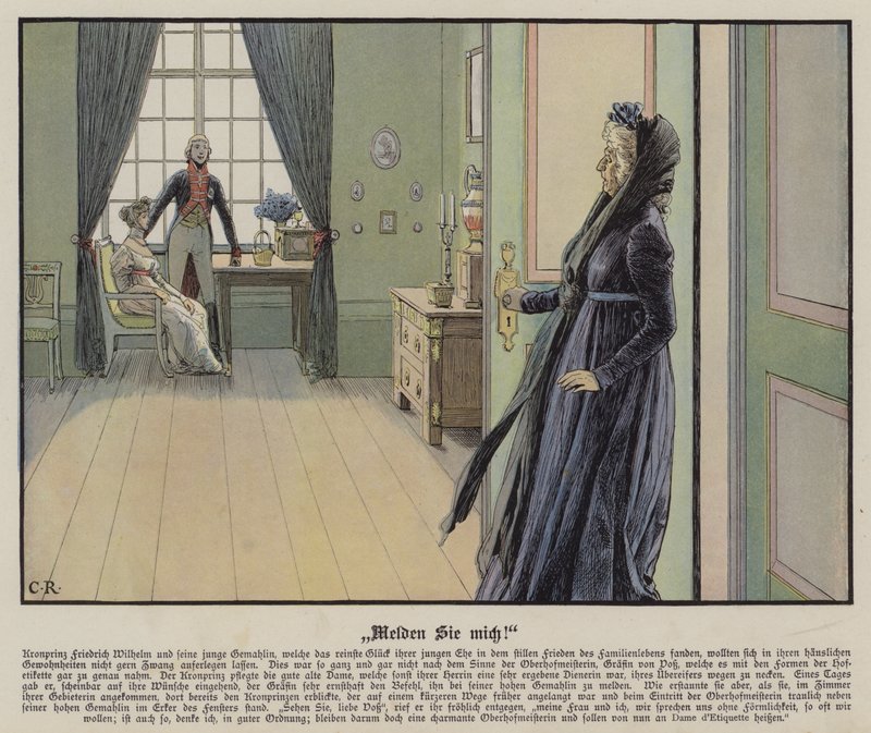 El príncipe heredero Federico de Prusia y su joven esposa la princesa Luisa se encuentran informalmente contra los deseos de la condesa de Voss de Carl Röchling