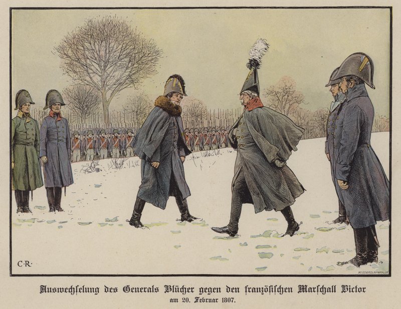 Intercambio de mariscales de campo prusianos y franceses capturados, Gebhard Blucher y Claude Victor-Perrin, 20 de febrero de 1807 de Carl Röchling