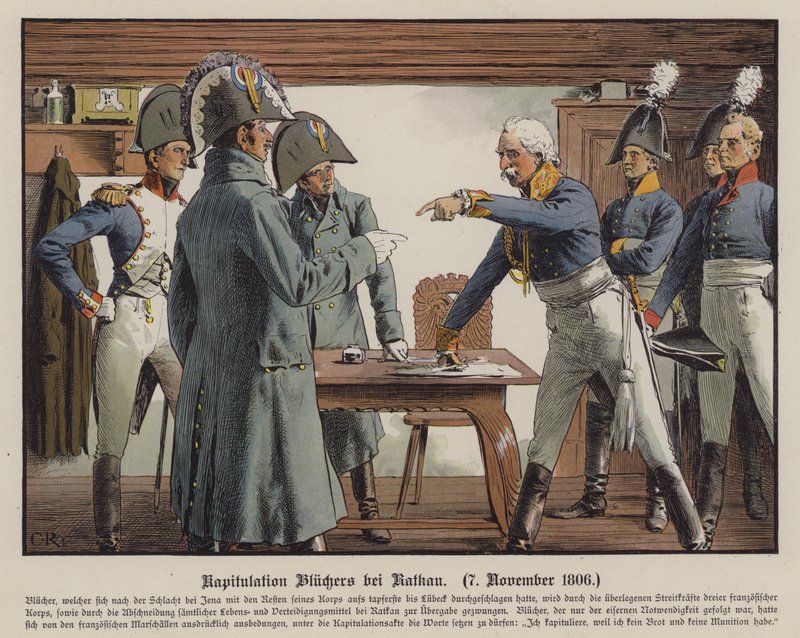 El mariscal de campo Blucher rindiéndose a los franceses en Katekau, 7 de noviembre de 1806 de Carl Röchling
