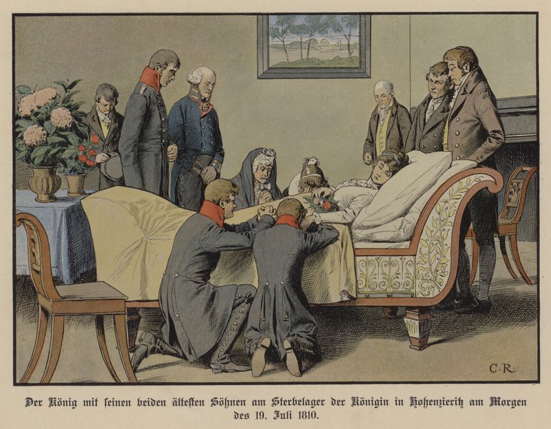 El rey Federico Guillermo III de Prusia y sus dos hijos mayores junto al lecho de muerte de la reina Luisa en la mañana del 19 de julio de 1810 de Carl Röchling