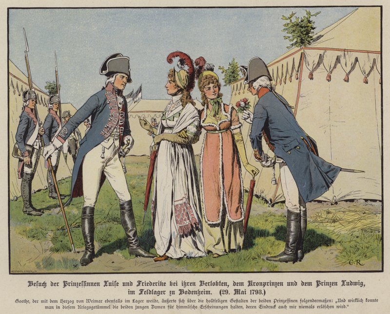 Las princesas Luisa y Federica de Mecklemburgo-Strelitz visitando a sus prometidos, el príncipe heredero Federico Guillermo de Prusia y el príncipe Luis de Hannover en el campamento militar de Bodenheim, 20 de mayo de 1793 de Carl Röchling