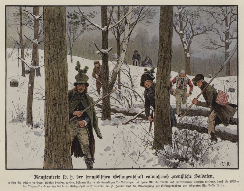 Soldados prusianos evadiendo la captura francesa, enero de 1807 de Carl Röchling