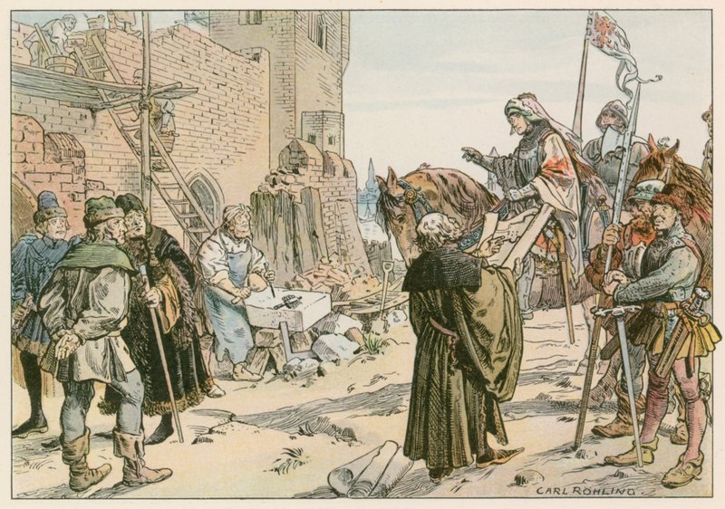 Federico II en la colocación de los cimientos del castillo en el río Spree en 1443 de Carl Rohling