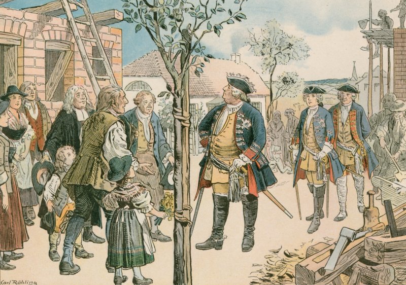 Federico Guillermo I (1688-1740) con salzburgueses desplazados en Prusia Oriental en 1739 de Carl Rohling