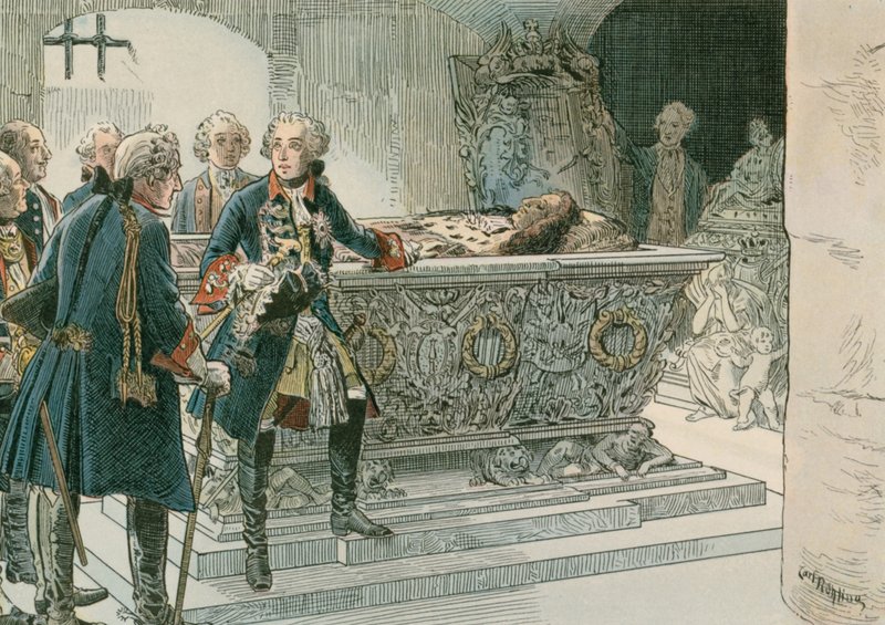 Federico el Grande (1712-1786) en el ataúd del Gran Elector de Carl Rohling