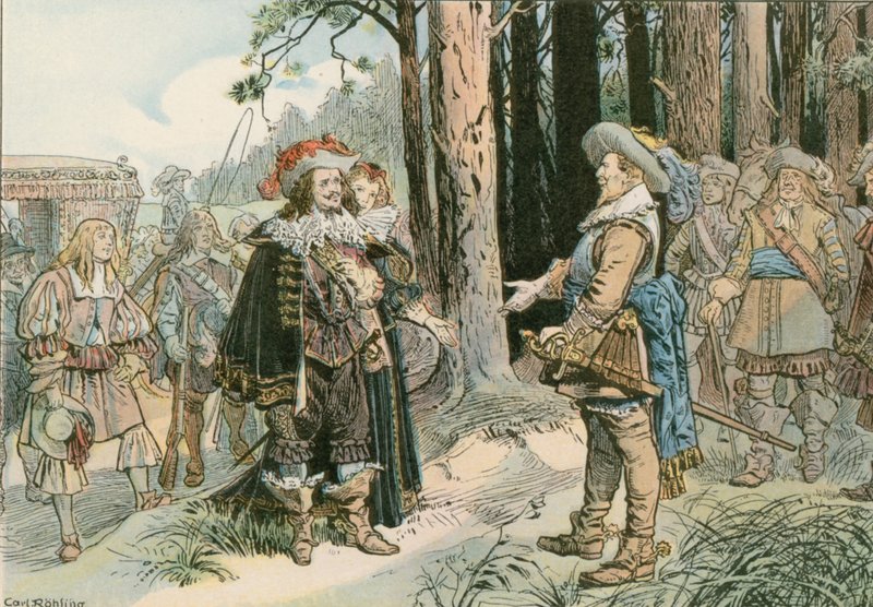 George William encontrándose con Gustavo Adolfo de Suecia en Kopenick en 1631 de Carl Rohling