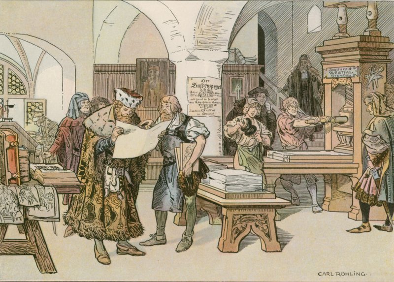 Juan Cicerón asistiendo al primer impresor de libros en Stendal en 1490 de Carl Rohling