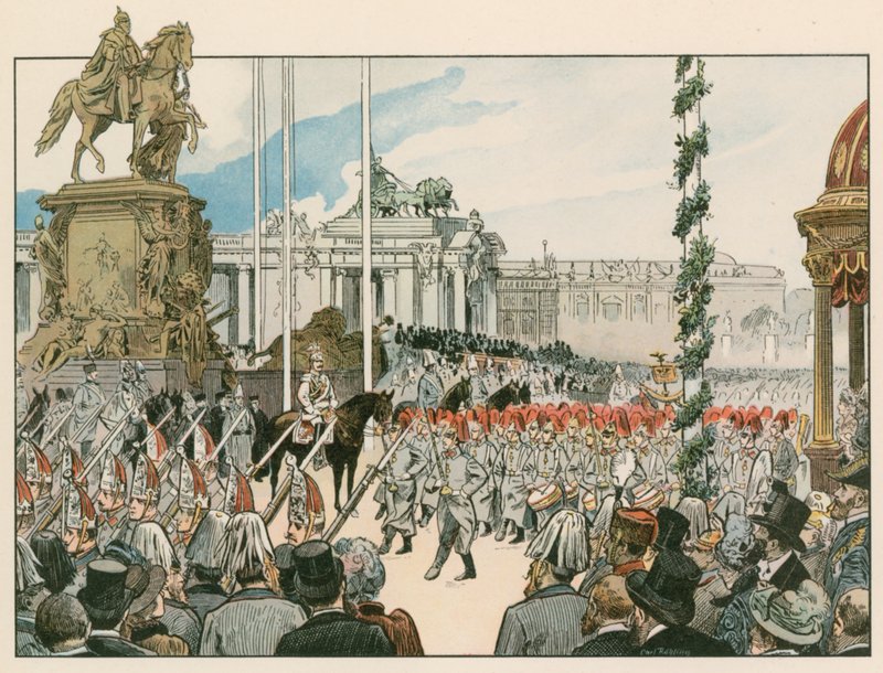 Guillermo II, Emperador Alemán y Rey de Prusia (1859-1941), en la dedicación del monumento nacional en Berlín en 1897 de Carl Rohling