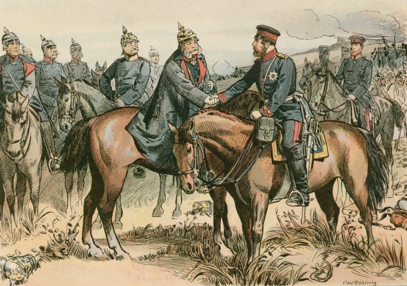 Guillermo I, Rey de Prusia y primer Emperador Alemán (1797-1888) saludando a su hijo en Sadowa en 1866 de Carl Rohling