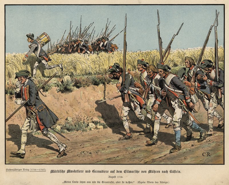 Musketeros y granaderos prusianos en marcha de Mahren a Kustrin de Carl Röchling