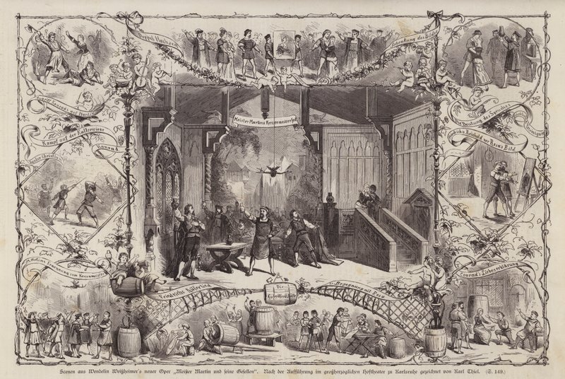 Escenas de la ópera del compositor alemán Wendelin Weissheimer Meister Martin und Seine Gesellen, representada en el Grossherzoglichen Hoftheater, Karlsruhe, Alemania (grabado) de Carl Thiel